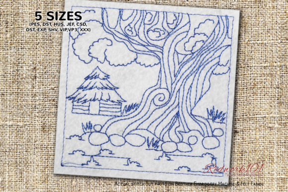 Big Tree with Small Hut: A Rustic Embroidery Gem