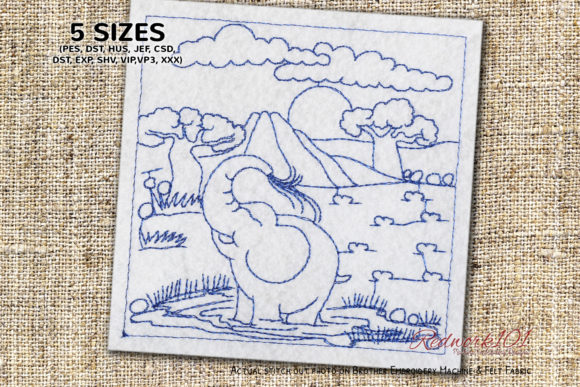 Charming Baby Elephant Drinking Water Embroidery